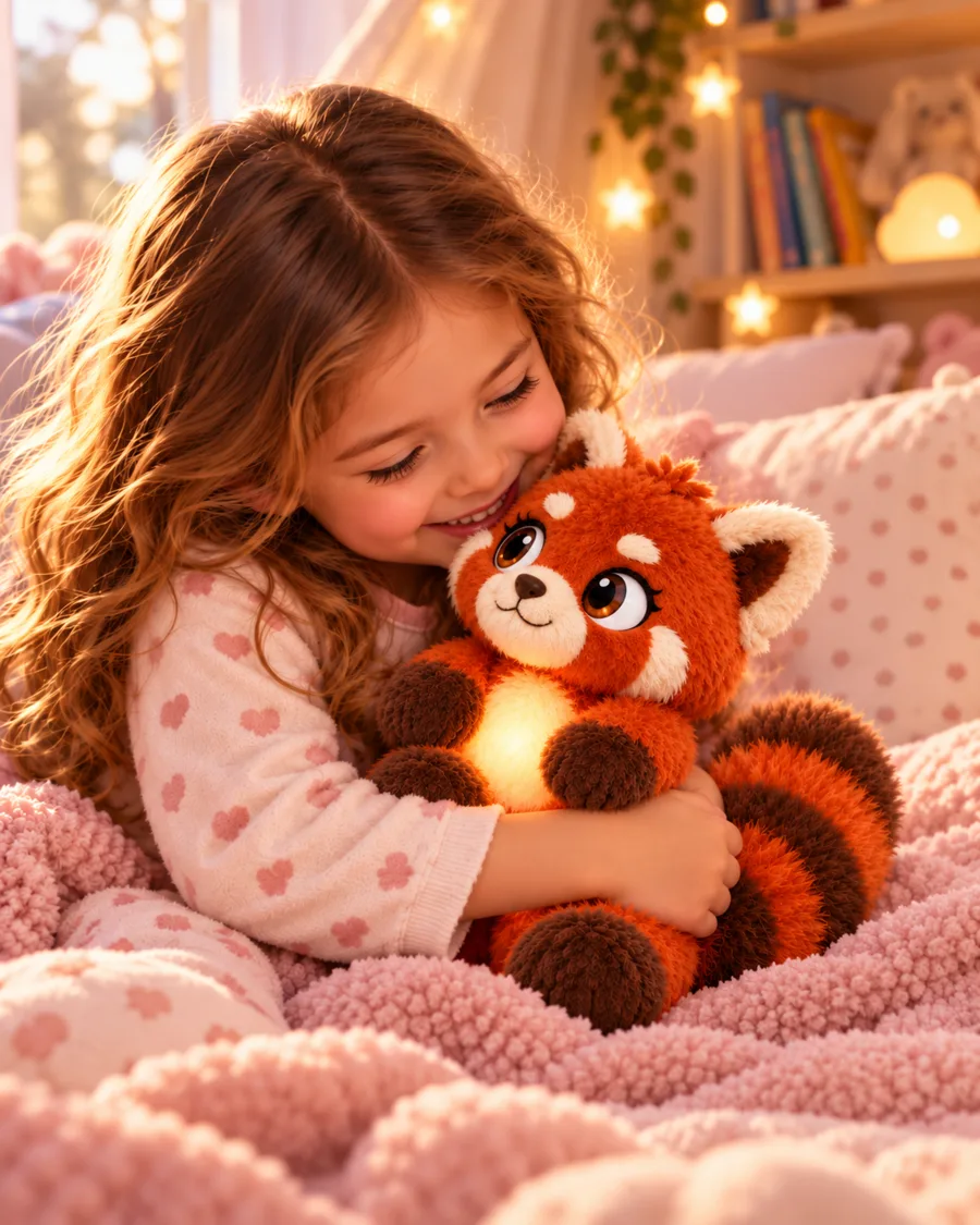 A girl in pyjamas cuddling Sylvie the Red Panda